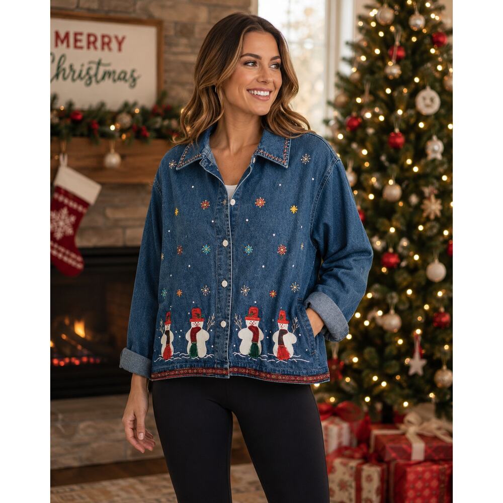 New Directions Christmas Snowman Embroidered Denim Shirt Jacket Holiday Winter L